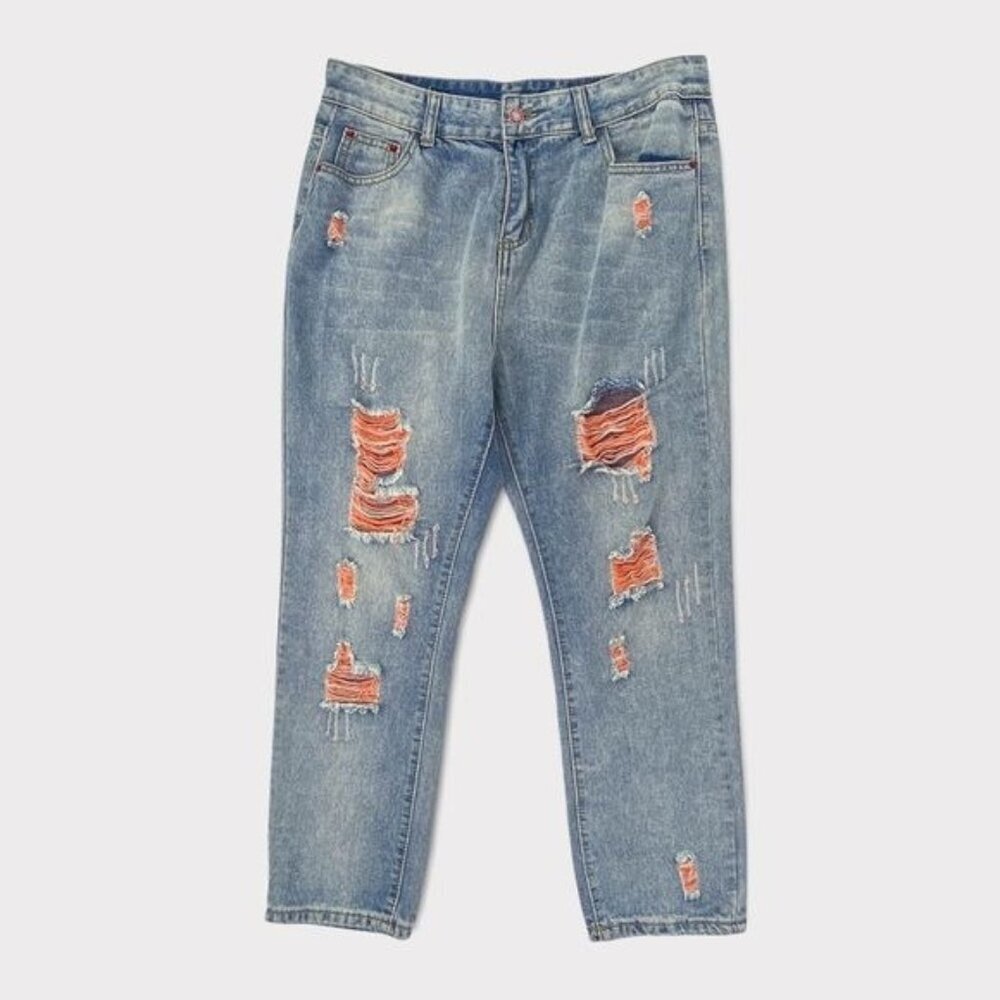 Distressed Straight Leg Light Wash Jeans 31 Unisex Loose Fit‎ Streetwear